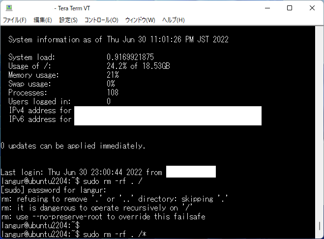 「rm -rf . /*」コマンドの実行 「rm -rf . /*」コマンドの実行