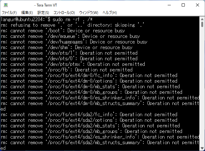 「rm -rf . /*」コマンドの実行結果 「rm -rf . /*」コマンドの実行結果